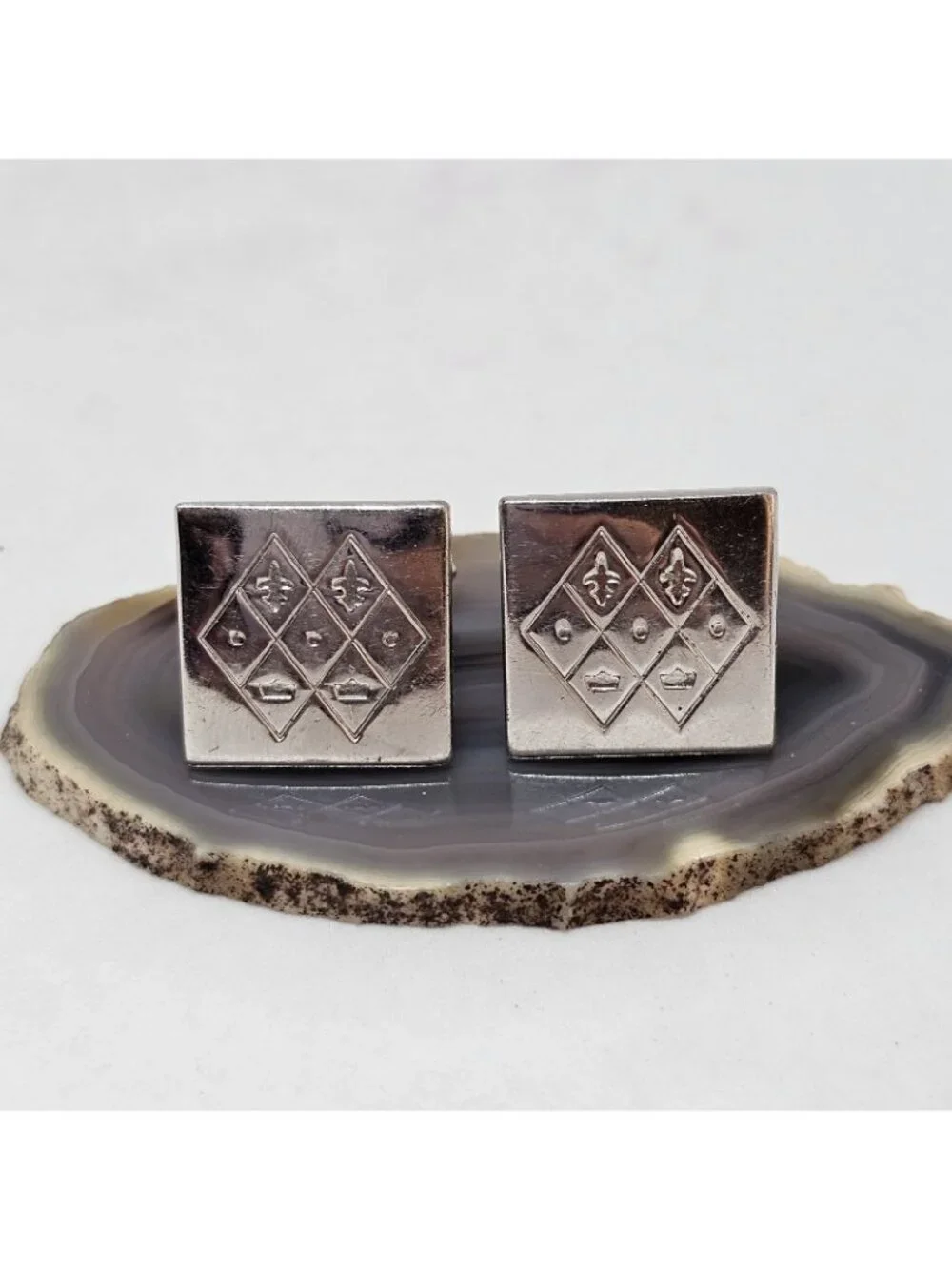 Vintage Swank Silver Tone Fleur De Lis Crown Square Cufflinks Men's Jewelry